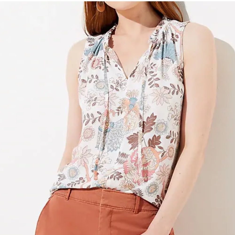New!!! Ann Taylor Loft Petite Garden Ruffle Tie Neck Mixed Media Shell